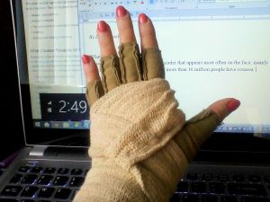 AN IMAK COMPRESSION GLOVE with an elastic support bandage helped with wrist pain, but wrapping and unwrapping was a PITA.