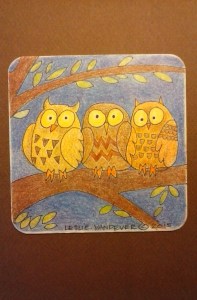 Three Owls. Colored pencils on paperboard coaster.